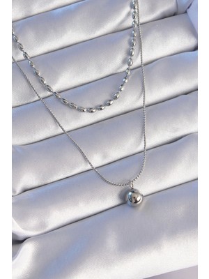 Belle Fusion Mey Ithalat® 316L Çelik Çift Zincirli Gümüş Renk Topçuk Model Kolye