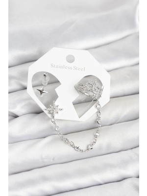 Belle Fusion Mey Ithalat® Kutup Yıldızı Model Pirinç Gümüş Renk Zincir Bağlantılı Ear Cuff Küpe Seti