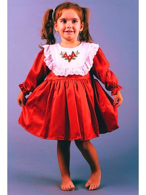 Mini Kiti Kırmızı Beyaz Uzun Kollu Fistolu Nakışlı Vintage Kız Çocuk Elbise Bayram Doğumgünü Özel Gün Elbisesi