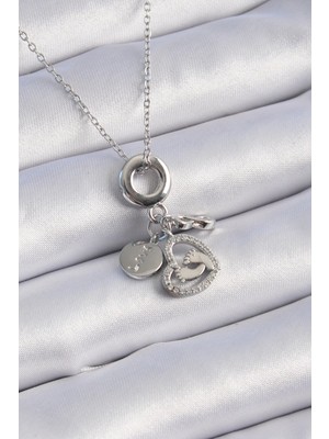 Belle Fusion Mey Ithalat® 316L Çelik Gümüş Renk Zirkon Taş Detay Kalp Model Charm Kadın Kolye