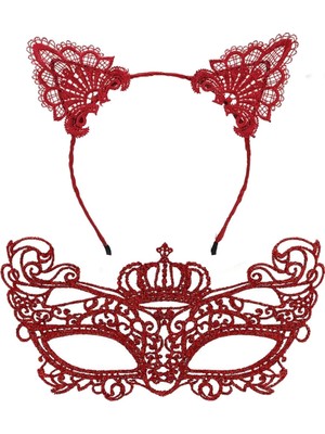 Belle Fusion Mey Ithalat® Nessiworld Lüks Kırmızı Dantel Taçlı Maske Seti 2 No - Parti, Balo, Kostüm Aksesuarı