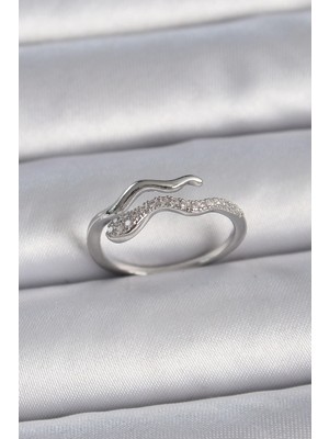 Belle Fusion Mey Ithalat® Pirinç Gümüş Renk Zirkon Taşlı Yılan Ayarlanabilir Model Kadın Yüzük