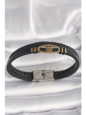 Belle Fusion Mey Ithalat® 316L Çelik Gold Renk Gemi Dümen Figür Siyah Renk Çift Sıra Burgu Desenli Deri Kordon Erkek Bileklik