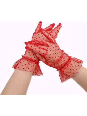 Belle Fusion Mey Ithalat® Kısa Boy Güpürlü Kırmızı Puantiyeli Tül Eldiven Kırmızı Renk