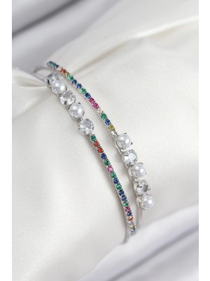 Belle Fusion Mey Ithalat® Pirinç Zirkon Taşlı Inci Model Gümüş Renk Kadın Bileklik