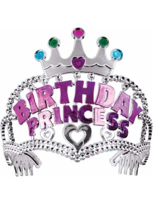 Belle Fusion Mey Ithalat® Gümüş Renk Taç Üzeri Pembe Birthday Prenses Yazılı Çocuk Parti Tacı 11X12CM