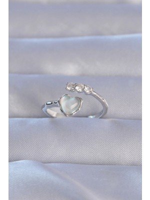 Belle Fusion Mey Ithalat® Pirinç Gümüş Renk Zirkon Taşlı Sedefli Kalp Model Ayarlanabilir Yüzük