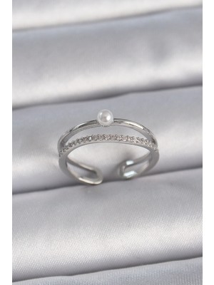 Belle Fusion Mey Ithalat® Pirinç Gümüş Renk Zirkon Taşlı Inci Detay Ayarlanabilir Model Kadın Yüzük