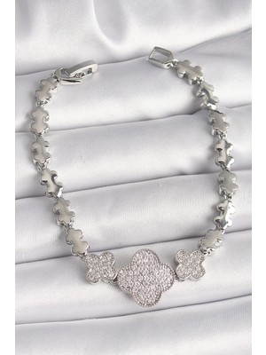 Belle Fusion Mey Ithalat® Pirinç Gümüş Renk Zirkon Taşlı Yonca Model Zincir Model Kadın Bileklik