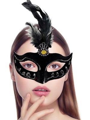Belle Fusion Mey Ithalat® Siyah Renk Tüylü Siyah Süet Kaplama Parti Balo Maskesi 20X16 cm