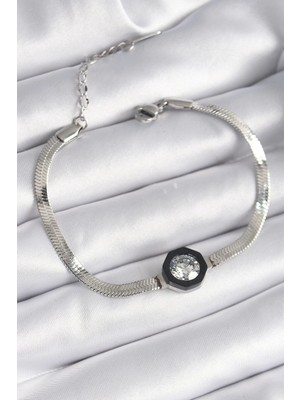 Belle Fusion Mey Ithalat® 316L Çelik Gümüş Renk Zirkon Taşlı Italyan Zincir Model Kadın Bileklik