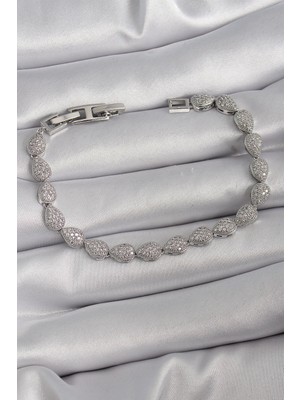 Belle Fusion Mey Ithalat® Pirinç Gümüş Renk Zirkon Taşlı Damla Model Vıp Seri Kadın Bileklik