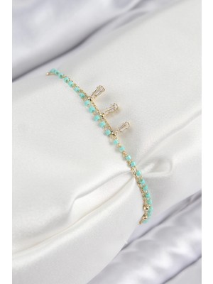 Belle Fusion Mey Ithalat® Pirinç Zirkon Taşlı Mavi Boncuklu Model Gold Renk Kadın Bileklik