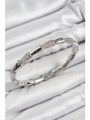 Belle Fusion Mey Ithalat® Pirinç Zirkon Taşlı Kemik Model Gümüş Renk Vip Kadın Bileklik