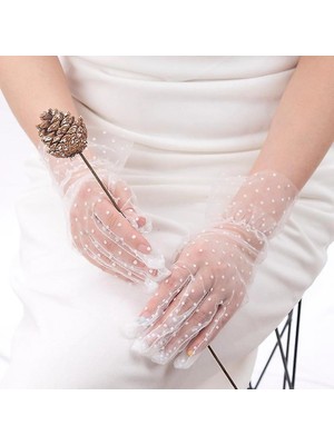 Belle Fusion Mey Ithalat® Kısa Boy Güpürlü Beyaz Puantiyeli Tül Eldiven Beyaz Renk