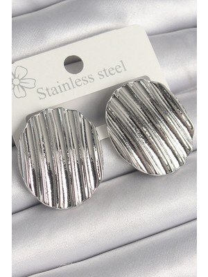 Belle Fusion Mey Ithalat® Pirinç Gümüş Renk Sallantı Işlemeli Daire Plaka Model Kadın Küpe