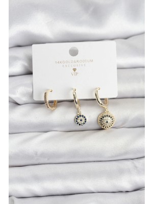 Belle Fusion Mey Ithalat® Nazar Model Gold Renk Pirinç 3'lü Kadın Küpe Seti