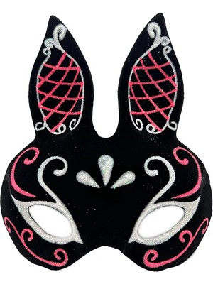 Belle Fusion Mey Ithalat® Siyah Renk Kırmızı Beyaz Simli Siyah Süet Kaplama Tavşan Maskesi 18X16 cm