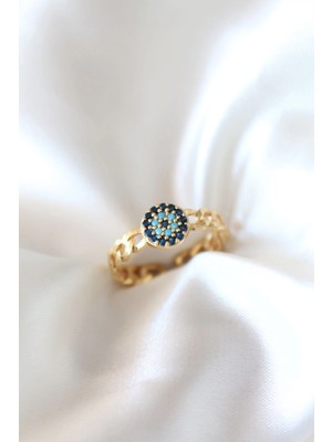 Belle Fusion Mey Ithalat® Zirkon Taşlı Nazarlı Altın Kaplama Kadın Yüzük