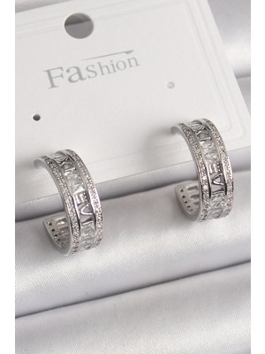 Belle Fusion Mey Ithalat® Pirinç Gümüş Renk Zirkon Taşlı Işleme Detay Halka Model Kadın Küpe