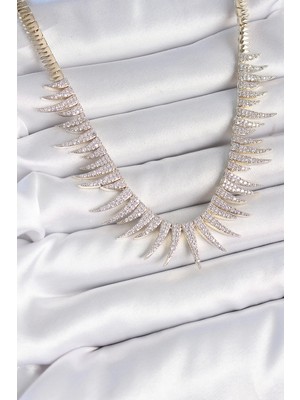 Belle Fusion Mey Ithalat® Pirinç Gold Renk Zirkon Taşlı Sivri Model Vıp Seri Kadın Kolye