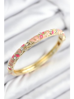 Belle Fusion Mey Ithalat® Mineli Pirinç Zirkon Taşlı Pembe Çiçek Motifli Gold Kadın Kelepçe