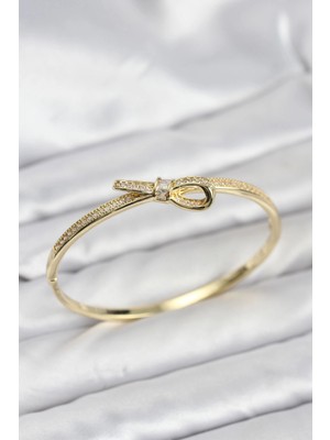 Belle Fusion Mey Ithalat® Pirinç Gold Renk Zirkon Taşlı Fiyonk Model Kadın Kelepçe Bileklik