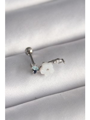 Belle Fusion Mey Ithalat® 316L Çelik Gümüş Renk Zirkon Taş Detay Beyaz Çiçek Model Tragus Piercing
