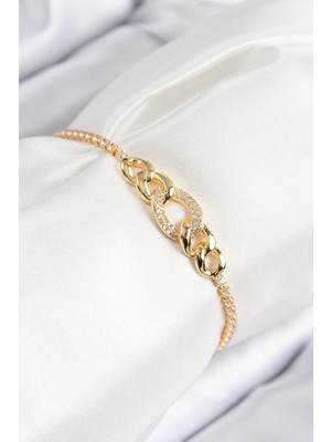 Belle Fusion Mey Ithalat® Pirinç Zirkon Taşlı Zincir Model Gold Renk Asansörlü Kadın Bileklik