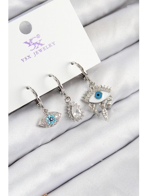 Belle Fusion Mey Ithalat® Pirinç Zirkon Taşlı 3'lü Fatma'nın Gözü Model Gümüş Renk Kadın Küpe