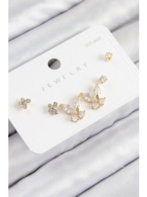 Belle Fusion Mey Ithalat® Pirinç Zirkon Taşlı Kelebek Model Gold Renk 925 Ayar Gümüş Çivi Kadın Küpe Set