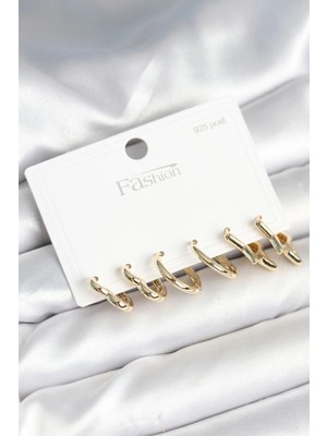 Belle Fusion Mey Ithalat® Pirinç Gold Renk Kalp Yıldız ve Halka Model 925 Ayar Gümüş Çivili Kadın Küpe Seti