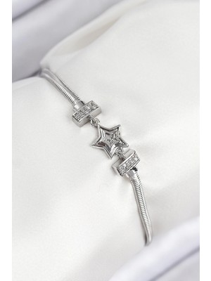 Belle Fusion Mey Ithalat® Pirinç Zirkon Taşlı Yıldız Model Gümüş Renk Kadın Bileklik