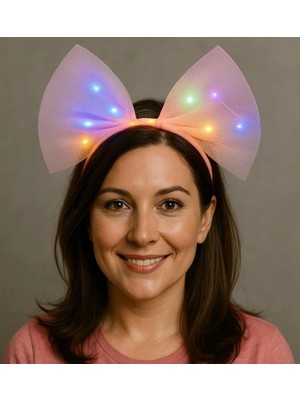 Belle Fusion Mey Ithalat® Rengarenk LED Işıklı Fiyonk Şekilli Tül Parti Tacı Pembe Renk 25X25 cm