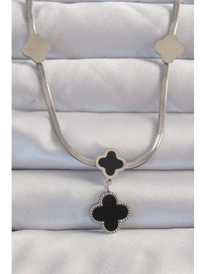 Belle Fusion Mey Ithalat® 316L Çelik Gümüş Renk Italyan Zincirli Mineli Yonca Kolye