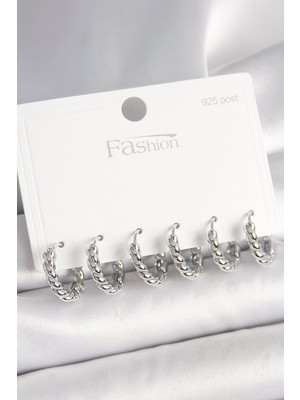 Belle Fusion Mey Ithalat® 925 Ayar Gümüş Çivi Pirinç Gümüş Renk Sarmal Halka Model Kadın Küpe Seti