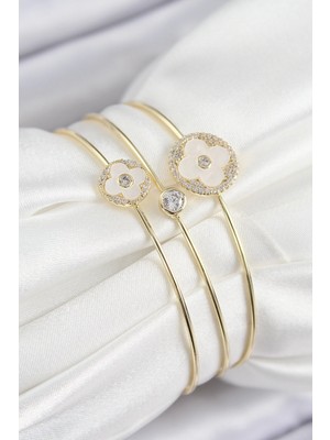 Belle Fusion Mey Ithalat® Pirinç Zirkon Taşlı Yonca Model Gold Renk Vip 3'lü Kadın Bileklik