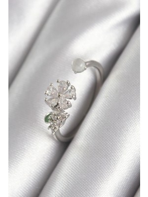 Belle Fusion Mey Ithalat® Pirinç Gümüş Renk Zirkon Taşlı Çiçek Model Kadın Yüzük