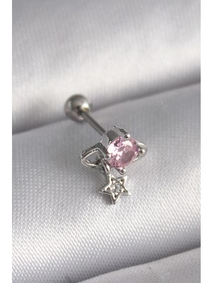 Belle Fusion Mey Ithalat® 316L Çelik Gümüş Renk Pembe Zirkon Taşlı Sallantı Yıldız Detay Tragus Piercing