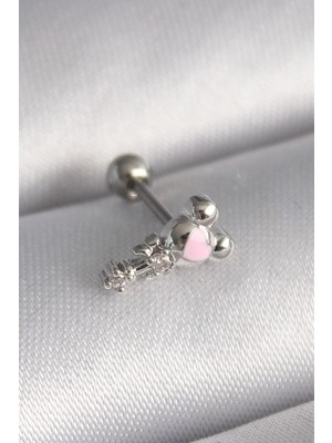 Belle Fusion Mey Ithalat® 316L Çelik Gümüş Renk Zirkon Taş Detay Pembe Kalp Işleme Tragus Piercing