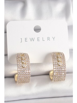 Belle Fusion Mey Ithalat® Pirinç Gold Renk Zirkon Taşlı Halka Messika Model Kadın Küpe