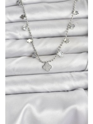 Belle Fusion Mey Ithalat® Pirinç Gümüş Renk Yonca Model Kadın Kolye