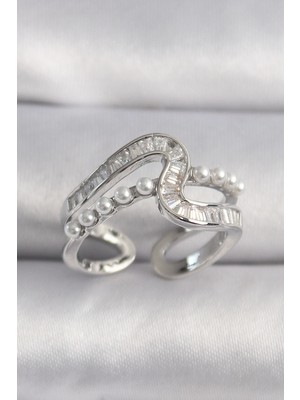 Belle Fusion Mey Ithalat® Pirinç Gümüş Renk Zirkon Taşlı Inci Detay Vıp Seri Kadın Yüzük