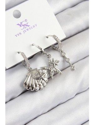 Belle Fusion Mey Ithalat® Pirinç Zirkon Taşlı 3'lü Yıldız ve Istiridye Model Gümüş Renk Kadın Küpe