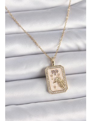 Belle Fusion Mey Ithalat® 316L Çelik Gold Renk Zincir Koç Burcu Zirkon Taşlı Kadın Kolye