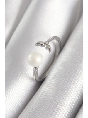 Belle Fusion Mey Ithalat® Pirinç Gümüş Renk Top Inci Figür Balık Kuyruğu Model Kadın Yüzük