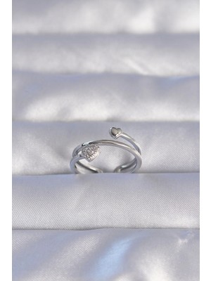 Belle Fusion Mey Ithalat® Pirinç Gümüş Renk Zirkon Taşlı Kalpli Model Ayarlanabilir Yüzük