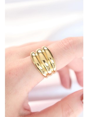 Belle Fusion Mey Ithalat® Gold Renk Ayarlanabilir Çizgili Bombe Yüzük