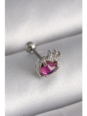 Belle Fusion Mey Ithalat® 316L Çelik Gümüş Renk Pembe Mineli Kalp Zirkon Taş Detaylı Taç Tragus Piercing