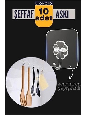 Belle Fusion Mey Ithalat® 10'lu Şeffaf Kendinden Yapışkanlı Güçlü Askı Kancası, Banyo Mutfak Organizer, Iz Bırakmaz Pratik Askı